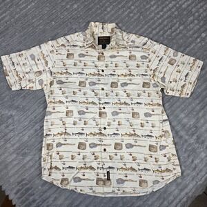 Vintage Woolrich Button Up Shirt Mens XL Tan Fish All Over Print Outdoor Casual